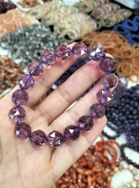 收藏级8A天然算盘珠乌拉圭紫水晶手链刻面闪亮紫色水晶手串礼物