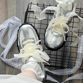 吻婷人丝带鞋 饰 扣装 带适用斐乐FILA银色鞋 网纱女芭蕾风白色珍珠鞋