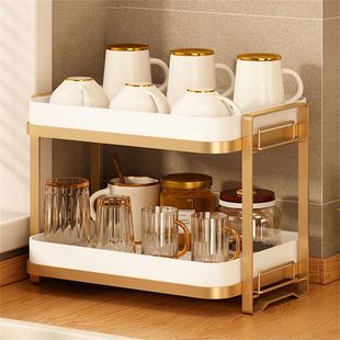 杯子收納置物架家用廚房臺面雙層水杯瀝水架帶托盤茶具玻璃杯架子