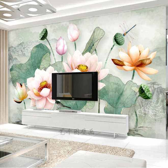 现代中式清新手绘素雅荷花植物壁纸壁画客厅卧室墙布电视背景墙纸