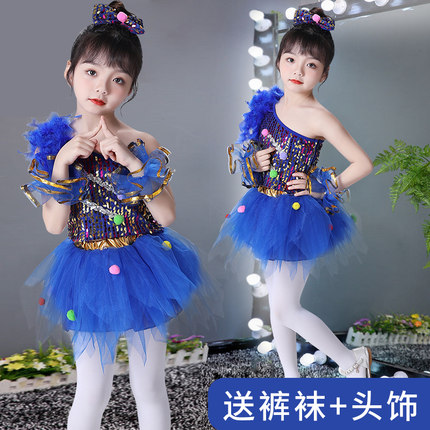 六一新款儿童演出服女童斜肩蓬蓬群亮片幼儿园舞蹈公主纱群表演服