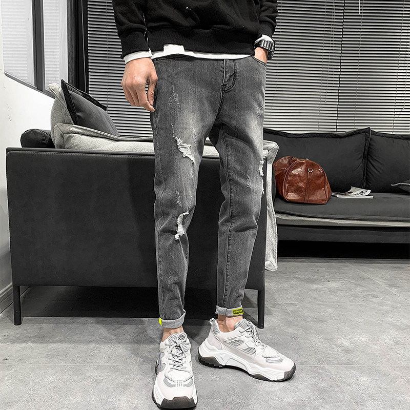 灰色修身破洞牛仔裤男青年韩板潮流九分小脚裤xz905-207,男装牛仔裤,星座905