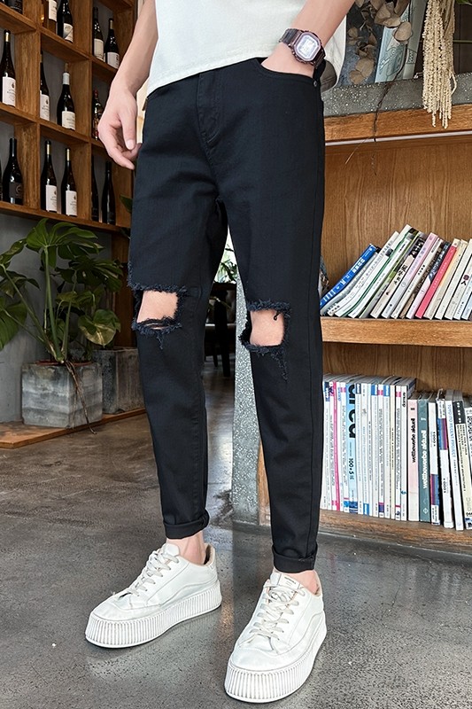夏季破洞潮弹力休闲修身牛仔裤夏季痞帅九分小脚裤N233#P60-控88,男装牛仔裤,星座905