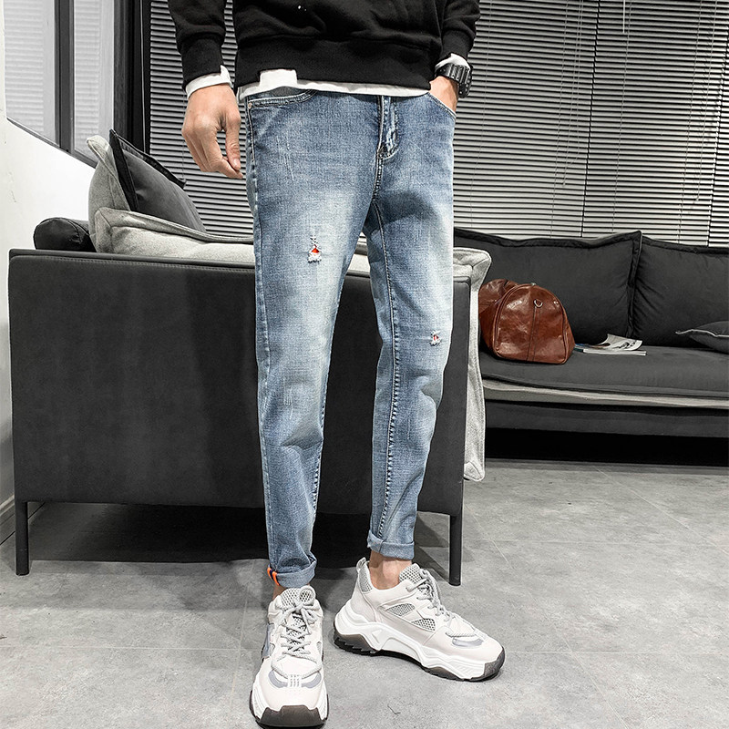 春季浅色修身牛仔裤z男韩版小脚九分青年破洞潮xz905_N10图片