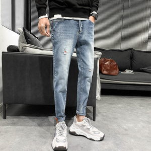 春季浅色修身牛仔裤z男韩版小脚九分青年破洞潮xz905_N10图片