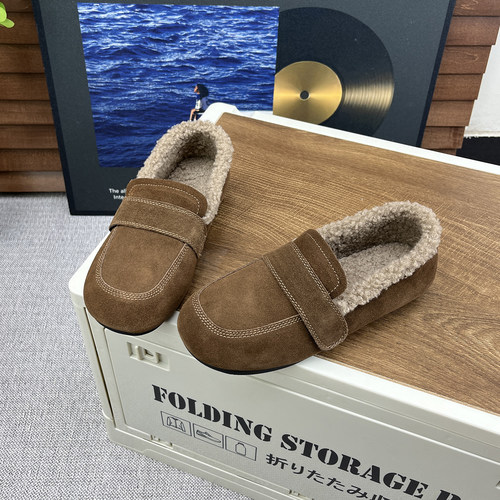 冬季加绒软底复古一脚蹬乐福鞋女