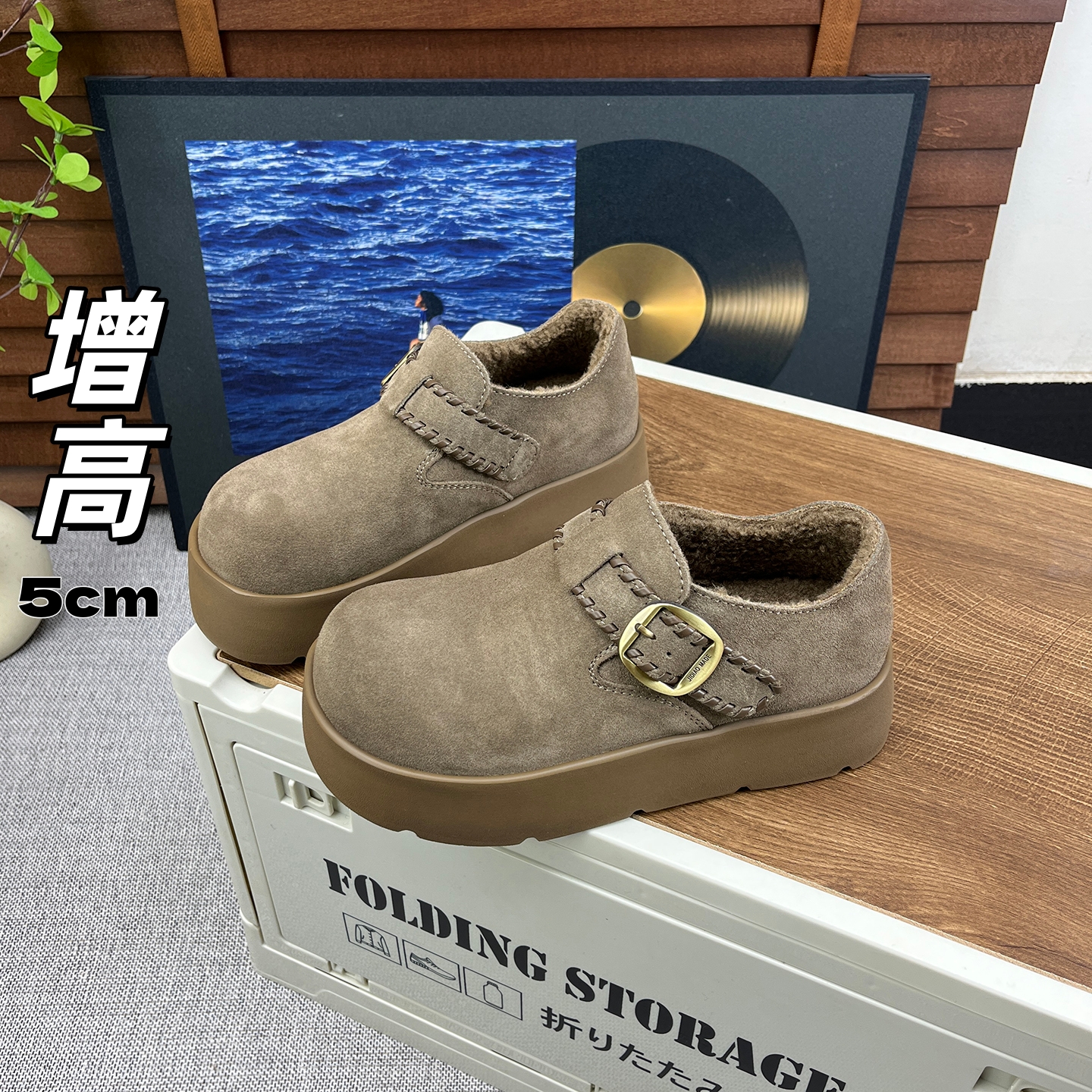 加绒皮带扣编织魔术贴勃肯鞋女