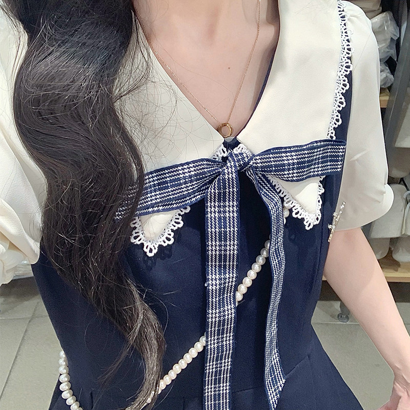 夏季学院风假两件显瘦百褶连衣裙