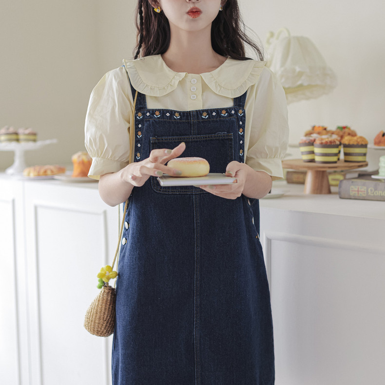 清仓刺绣减龄可爱背带裙女2025秋季新款小清新宽松短款牛仔连衣裙