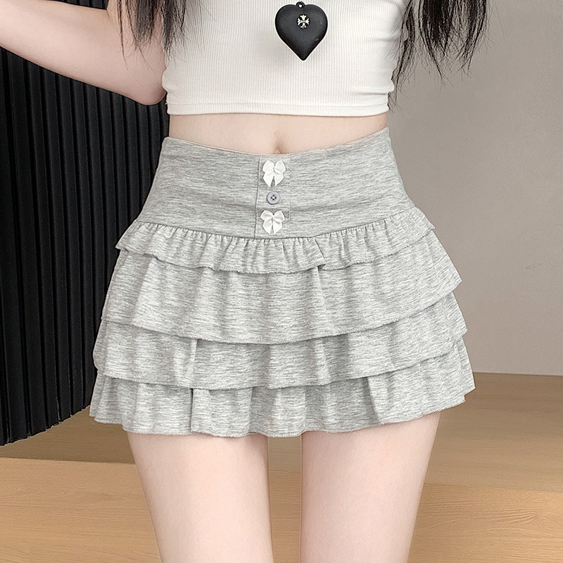 甜辣妹灰色荷叶边少女蓬蓬短裙女夏季高腰防走光a字蛋糕裙半身裙