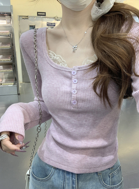 甜辣妹紫色方领蕾丝花边长袖T恤女早秋2025新款纯欲内搭bm风上衣