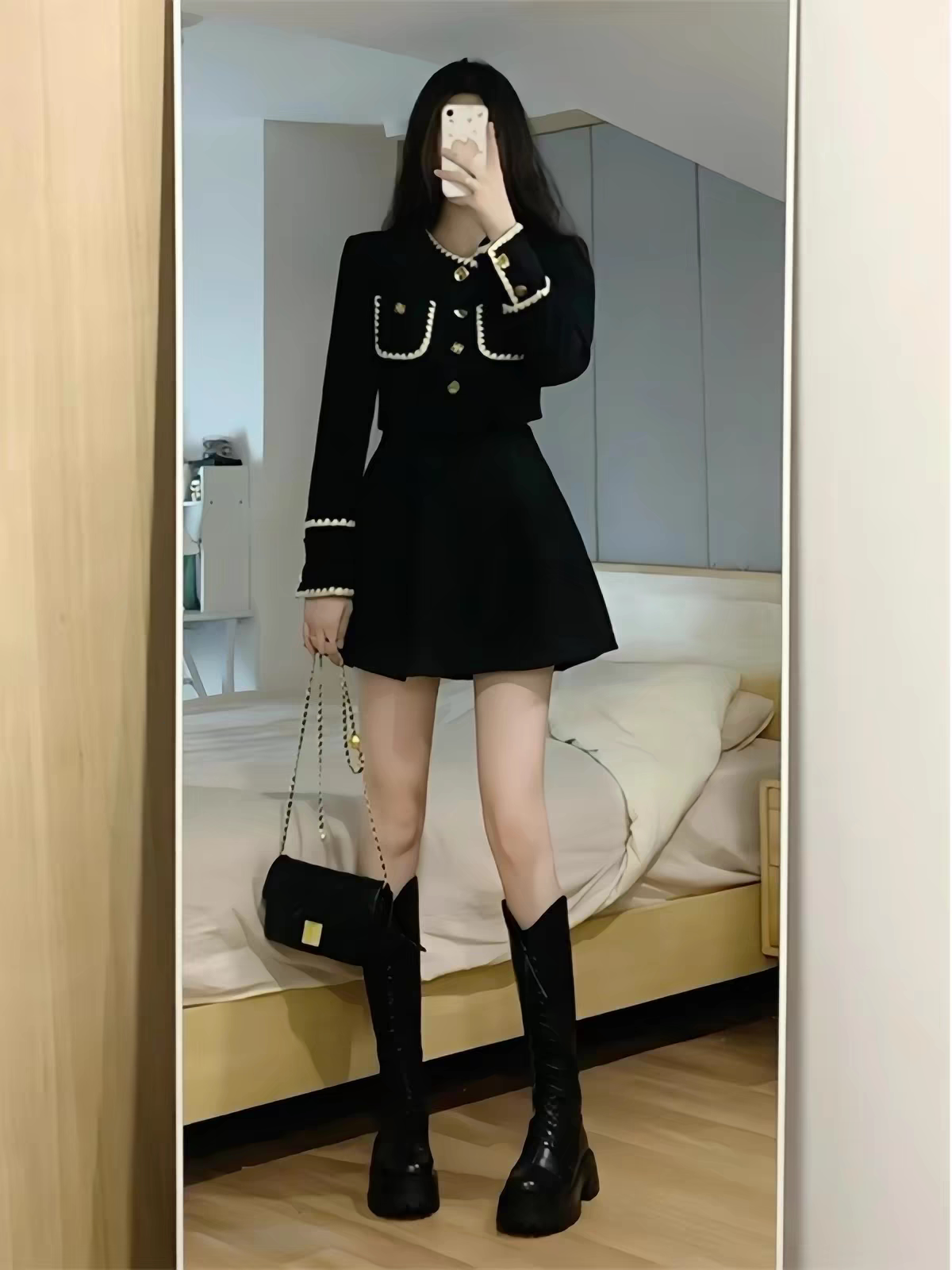 清仓小香风连衣裙女秋冬新款高级感气质名媛小个子短款裙子两件套图片