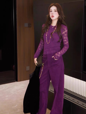 清仓/高腰显瘦直筒裤女秋冬新款宽松休闲阔腿裤紫色丝绒长裤子