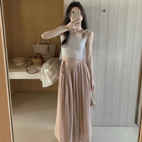 亚麻高腰显瘦浅粉色长款裤裙