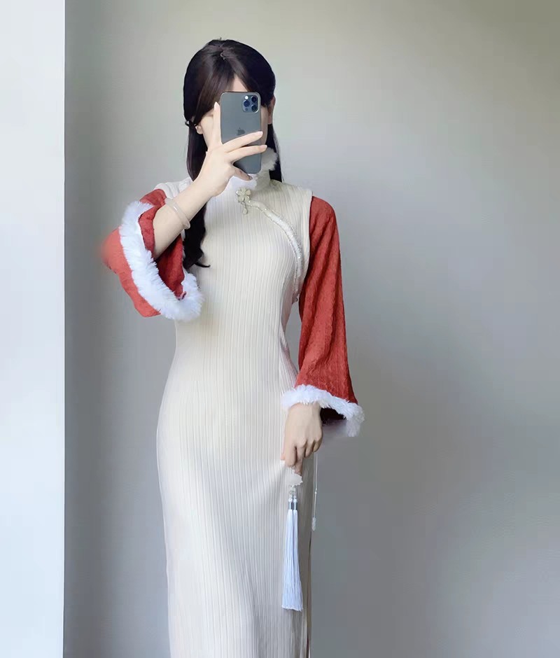 清仓旗袍年轻款秋冬季假两件倒大袖连衣裙加厚保暖少女气质民国裙