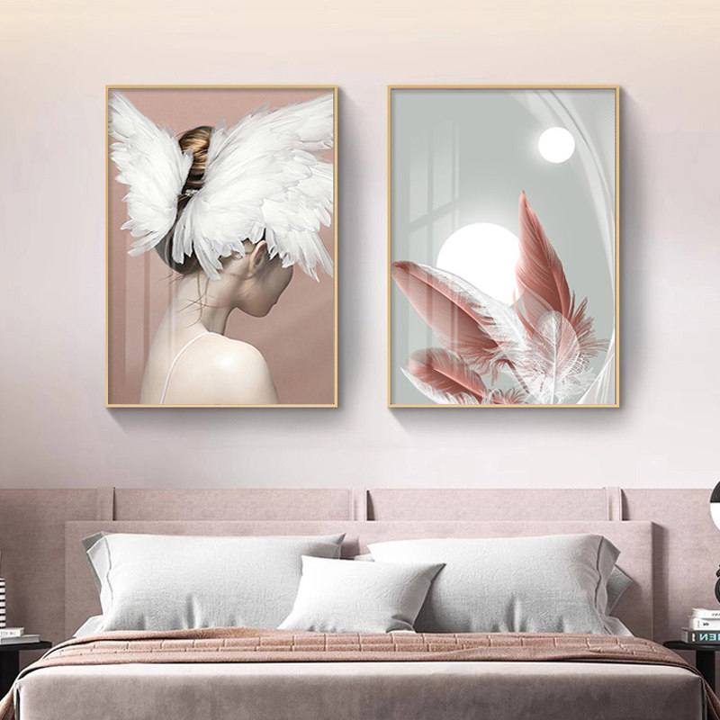 2025新款卧室床头挂画羽毛温馨轻奢两联壁画高级感女孩房间装饰画