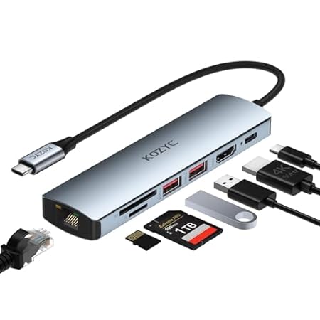 USB C Hub Ethernet Multiport Adapter， KOZYC 7-in-1 USB C