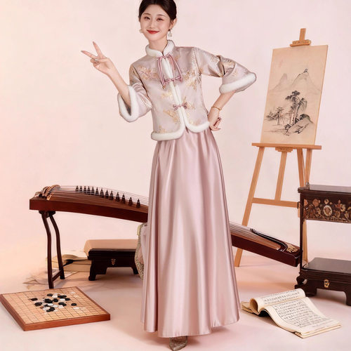 中式国风伴娘秀禾服加绒加厚保暖姐妹团礼服裙女盘扣长袖新中式