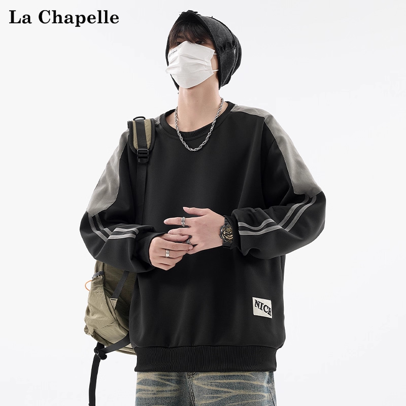 拉夏贝尔撞色拼接运动卫衣秋冬2025美式圆领内搭高街休闲男女加绒