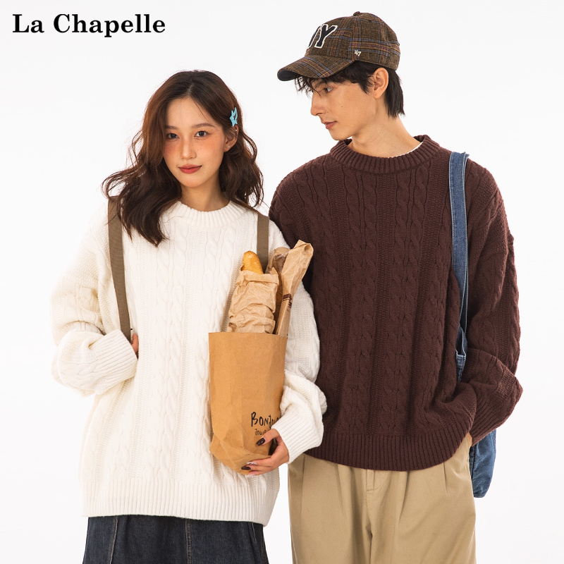 拉夏贝尔麻花纹圆领毛衣冬季2025情侣加厚保暖针织衫基础百搭男女