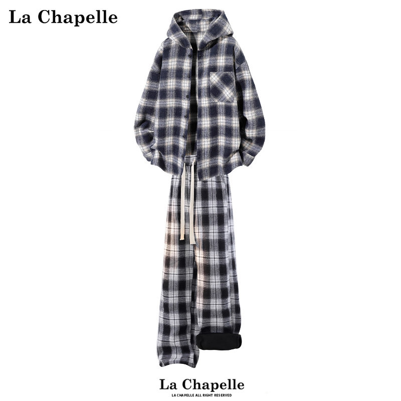 拉夏贝尔休闲运动格纹套装男士秋冬新款连帽衬衫加绒休闲裤两件套,男装,休闲运动套装,淘宝优惠券,粉丝福利购,淘宝优惠卷