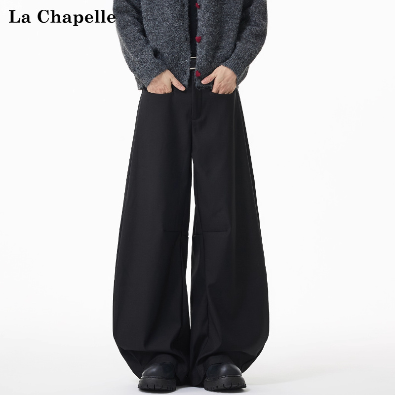 拉夏贝尔黑色设计感弯刀西装裤子男女秋季新款美式直筒青少年休闲