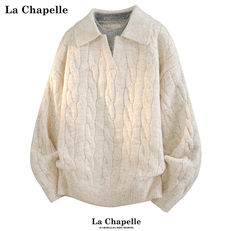 拉夏贝尔绵羊毛假两件polo针织衫冬季男士2025新款拼接麻花纹毛衣