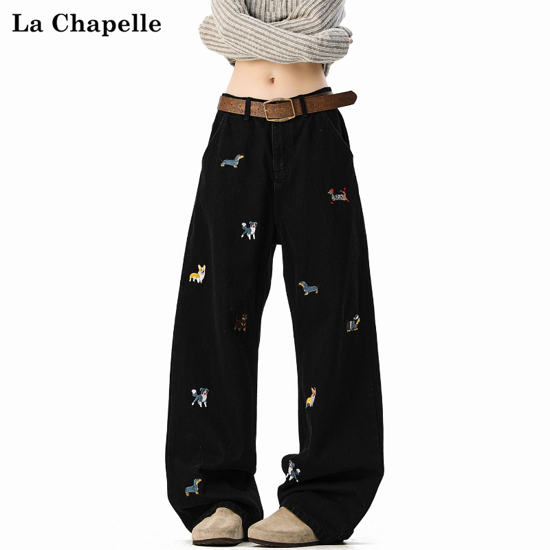 拉夏贝尔潮牌卡通刺绣显瘦牛仔裤男女2025秋季新款休闲宽松直筒裤