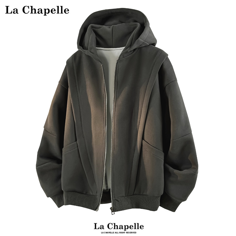 拉夏贝尔加绒加厚连帽卫衣开衫冬季男女新款小众设计感大口袋外套