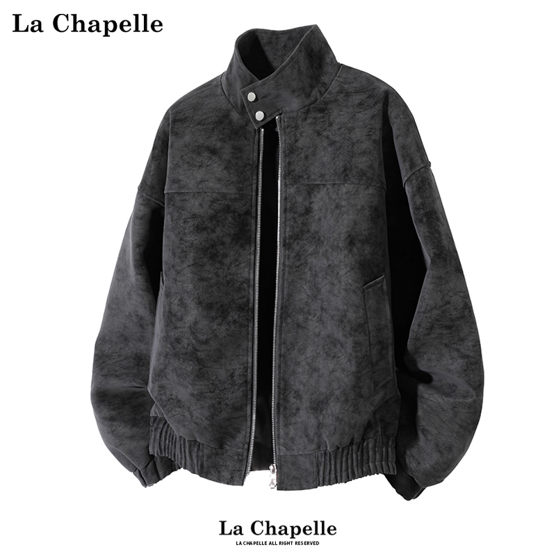 拉夏贝尔复古扎染皮衣外套秋季cleanfit立领机车服男女哈灵顿夹克