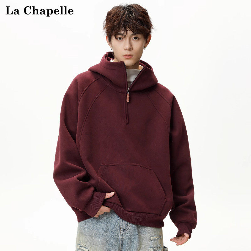 拉夏贝尔冬季加绒卫衣半高领解构设计新款男女红色半拉链帽衫外套,男装,卫衣,淘宝优惠券,粉丝福利购,淘宝优惠卷