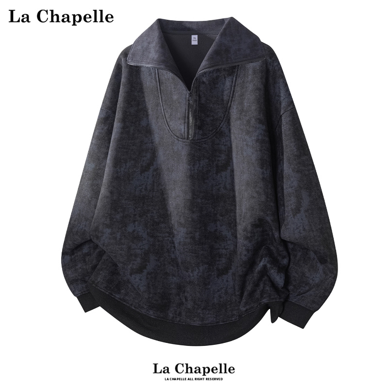 拉夏贝尔大翻领半拉链卫衣秋冬季新款男士美式扎染廓形上衣艺术感