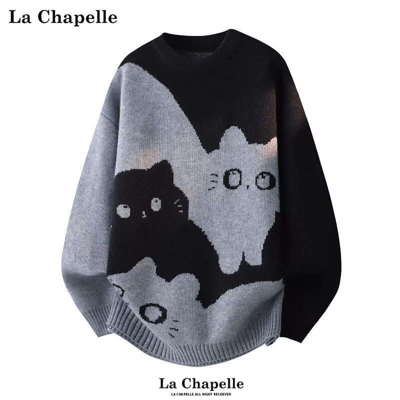 拉夏贝尔猫猫童趣设计感毛衣冬季圆领加绒男针织衫可爱情侣装新款,男装,针织衫/毛衣,淘宝优惠券,粉丝福利购,淘宝优惠卷