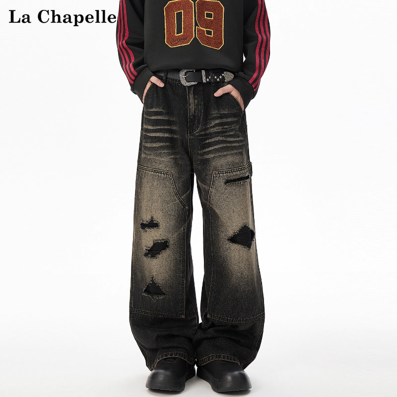 拉夏贝尔水波纹破洞贴布设计感牛仔裤2025男女新款秋季季直筒裤子,男装,牛仔裤,淘宝优惠券,粉丝福利购,淘宝优惠卷