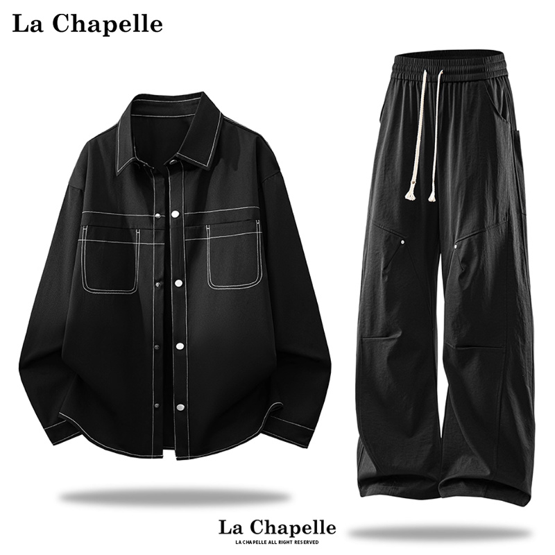 拉夏贝尔黑色衬衫休闲裤套装男女秋季新款休闲运动帅气搭配整套潮