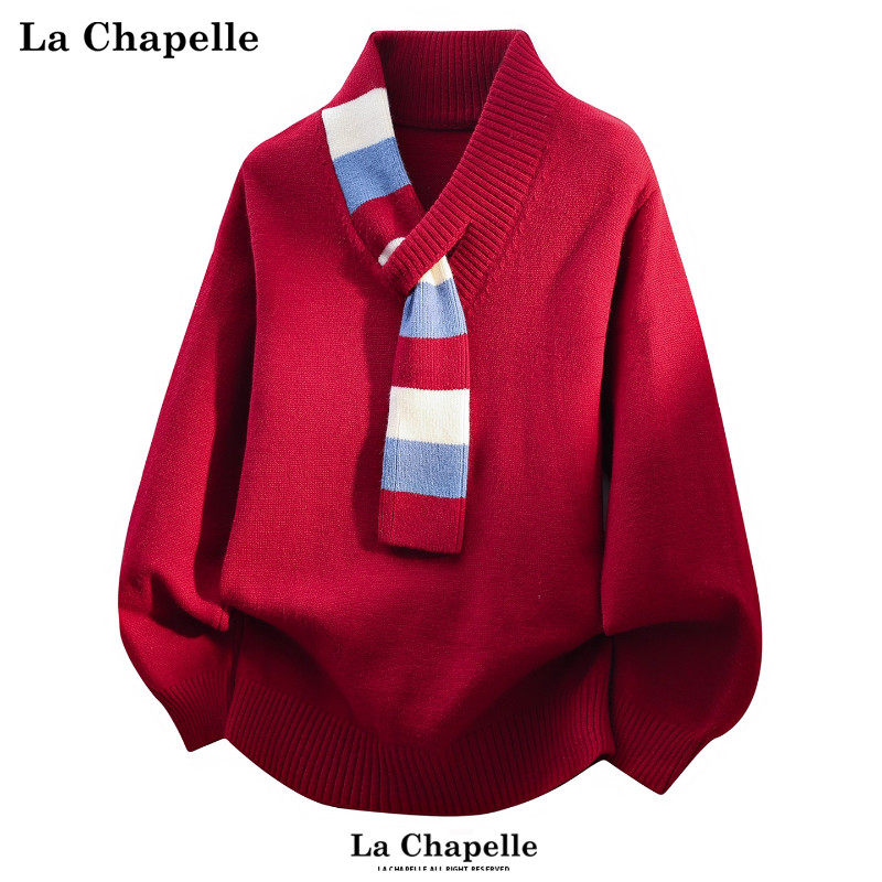 拉夏贝尔围巾设计款毛衣冬季新年红针织衫男女撞色新款本命年圣诞