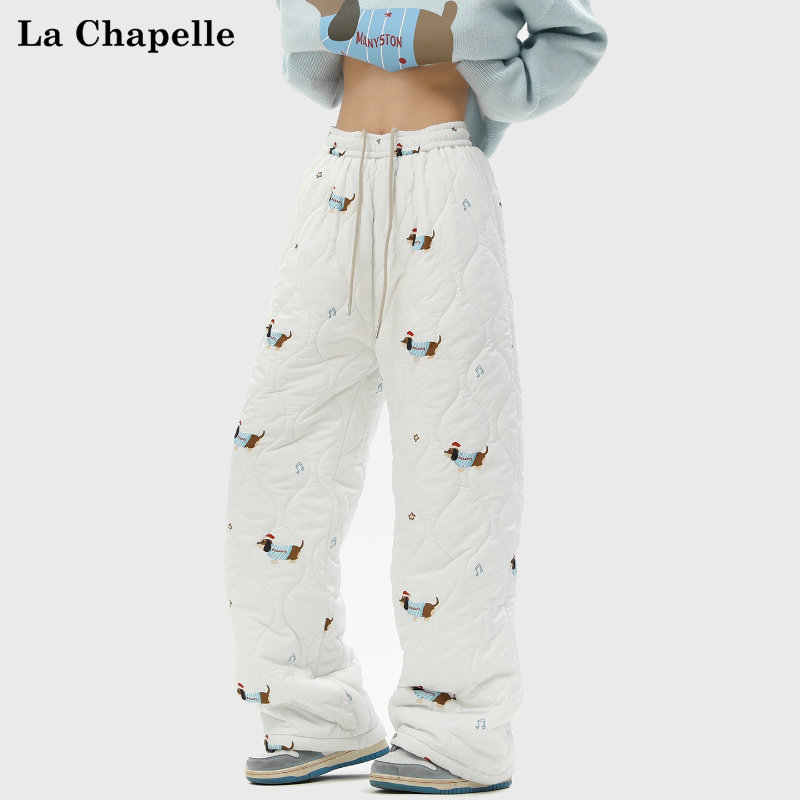 拉夏贝尔腊肠狗印花直筒加厚休闲棉裤男女秋冬季宽松运动美式长裤