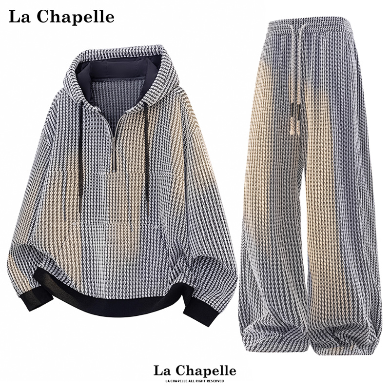 拉夏贝尔肌理感休闲套装男女新款2025秋冬季百搭连帽卫衣直筒卫裤