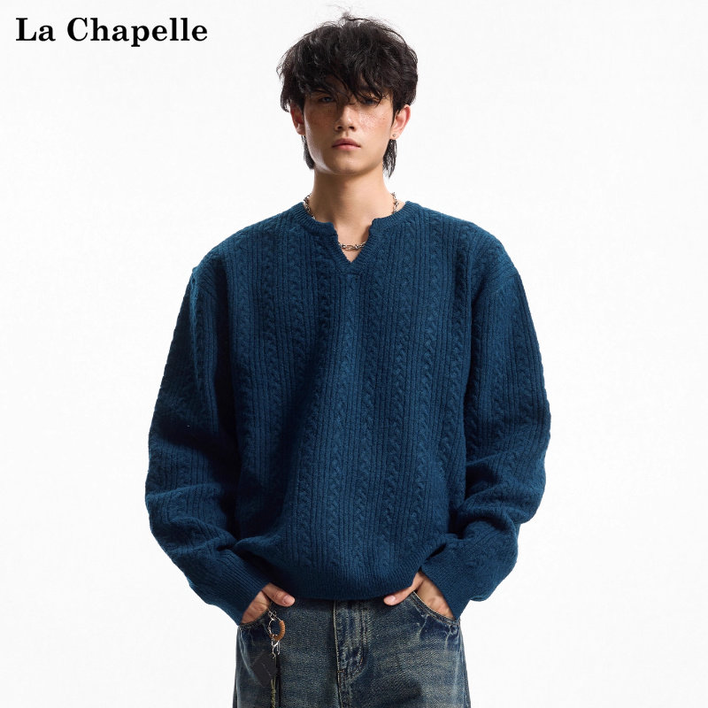 拉夏贝尔慵懒风V领针织衫冬季男女麻花纹vibe情侣毛衣2025款保暖