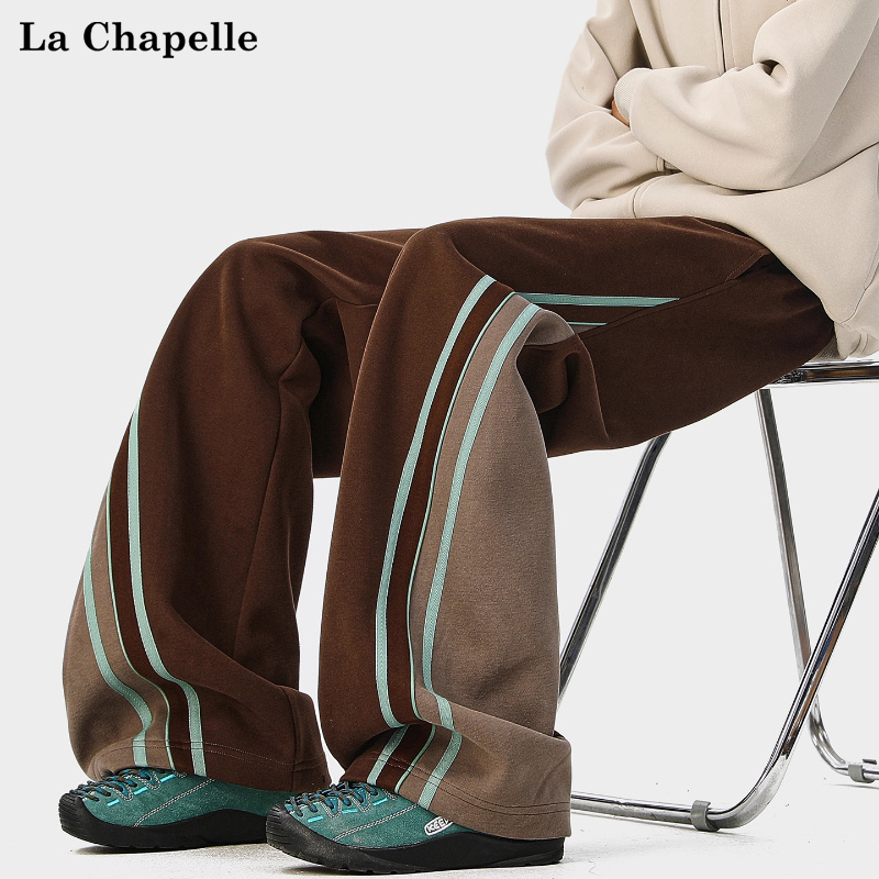 拉夏贝尔美式撞色条纹运动休闲卫裤男女秋冬季新款复古宽松直筒裤