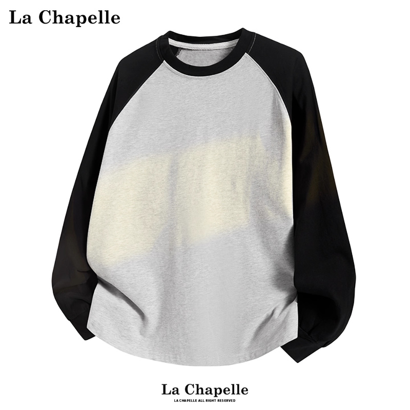 拉夏贝尔纯棉撞色长袖T恤男士秋季美式插肩袖圆领打底衫吸湿排汗