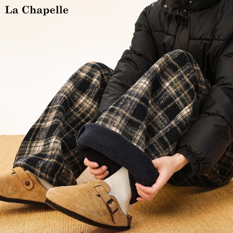 拉夏贝尔美式复古加绒格子休闲裤男女秋冬季新款百搭宽松直筒长裤,男装,卫裤,淘宝优惠券,粉丝福利购,淘宝优惠卷