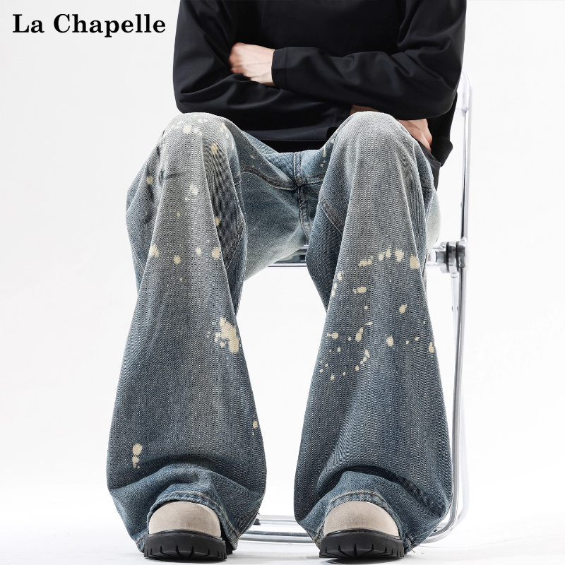 拉夏贝尔美式设计感泼墨牛仔裤2025秋冬男女潮流新款直筒阔腿长裤