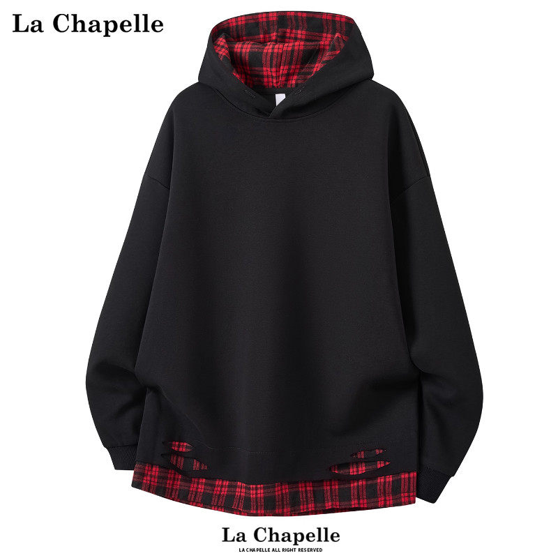 拉夏贝尔假两件撞色连帽卫衣冬季情侣破洞格子拼接套头衫男士高街