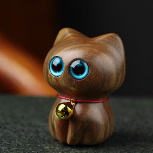 绿檀木雕刻优雅猫实木动物手把件卡通家居汽车可爱小猫咪木猫摆件