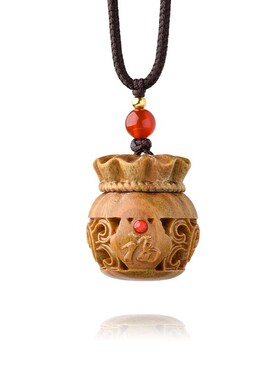 绿檀木雕刻镂空钱袋香丸