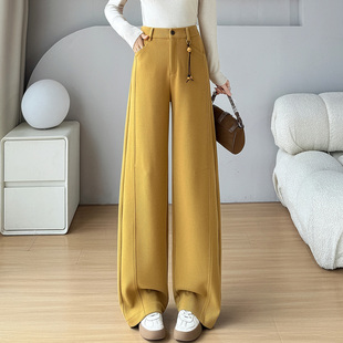 高腰垂感桑蚕丝羊毛阔腿裤 秋冬加厚长裤 女2025新款 高端毛呢弯刀裤