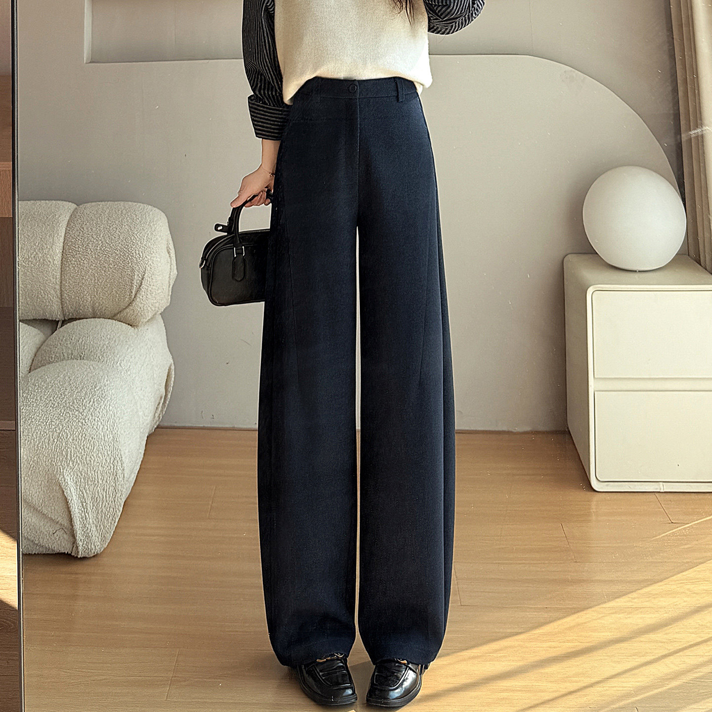 醋酸羊毛弯刀阔腿裤女2025新款冬加厚毛呢长裤高腰垂感宽松休闲裤,女装/女士精品,休闲裤,淘宝优惠券,粉丝福利购,淘宝优惠卷