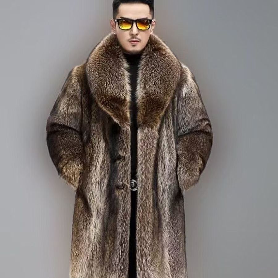 2025秋冬新款男士长款浣熊毛裘皮大衣加厚保暖轻奢外套仿皮草风衣