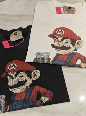 Saint马里奥星巴克美式高街重磅vintage水洗复古VTG短袖T恤男女潮
